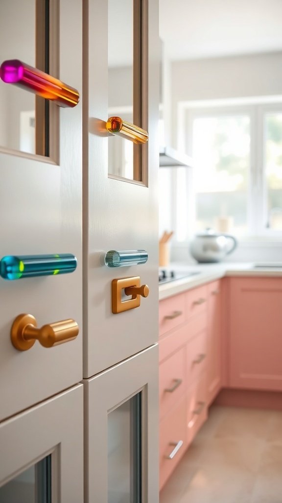 Colorful glass cabinet pulls on kitchen cabinets.