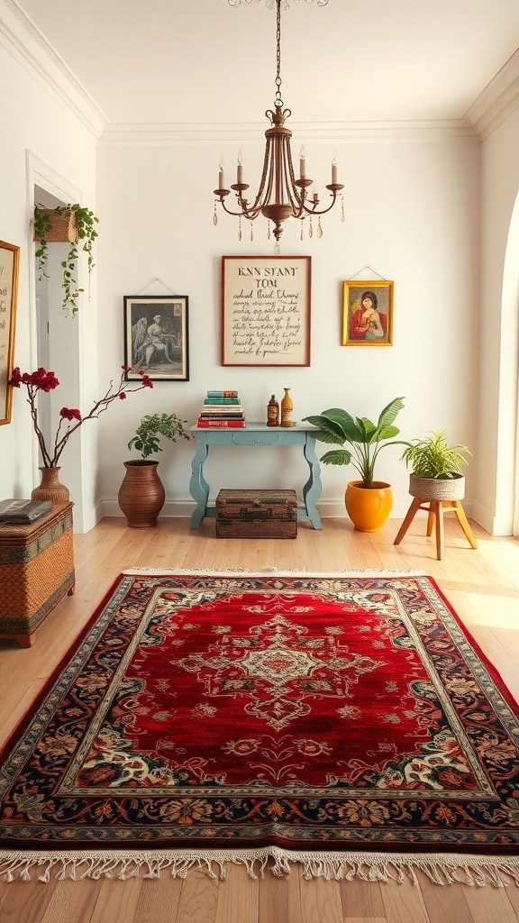 A colorful red rug in a bright room with plants and artwork.
