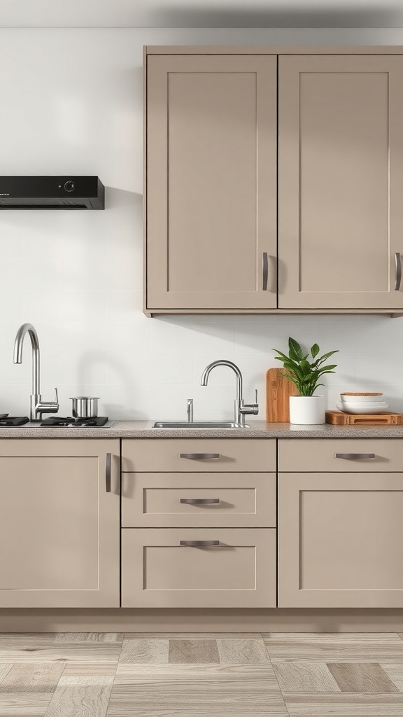 A modern kitchen featuring taupe cabinets with textured finishes.