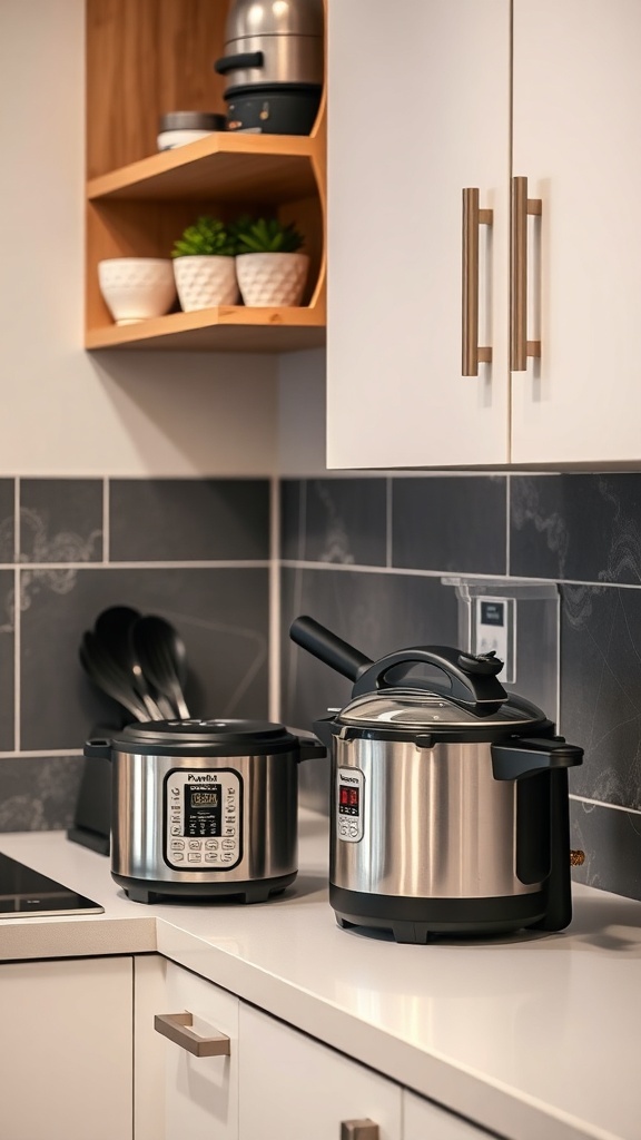 A small Indian kitchen featuring compact appliances like instant pots and multi-cookers on a clean countertop.