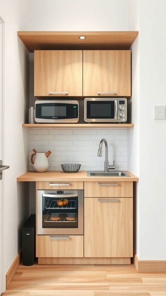 Compact kitchen with small appliances and wooden cabinetry.
