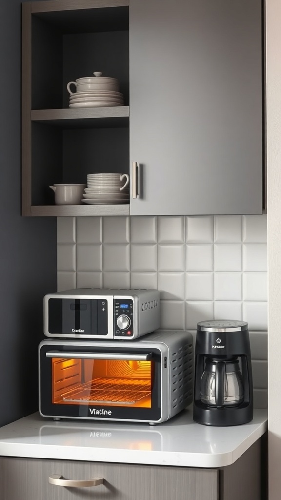 Compact kitchen appliances including a microwave, toaster oven, and coffee maker on a countertop.