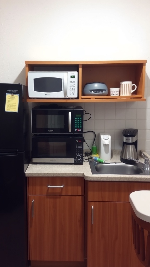A small kitchen with compact appliances including a microwave, coffee maker, and a multi-functional device on shelves.
