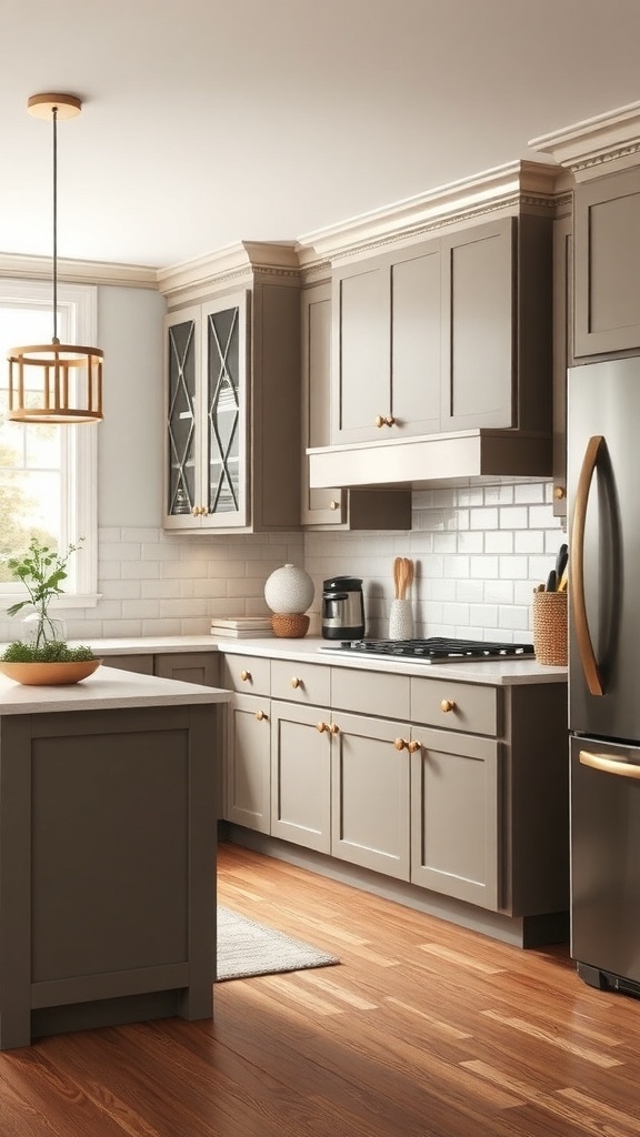 A modern kitchen featuring taupe cabinets with gold hardware and a warm wooden floor.