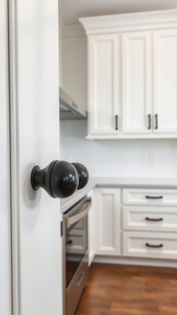 Close-up of black cabinet hardware on white kitchen cabinets.