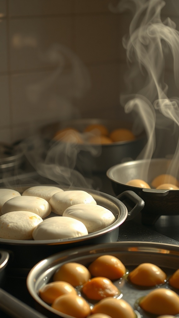 A South Indian kitchen with steaming idlis and frying eggs.
