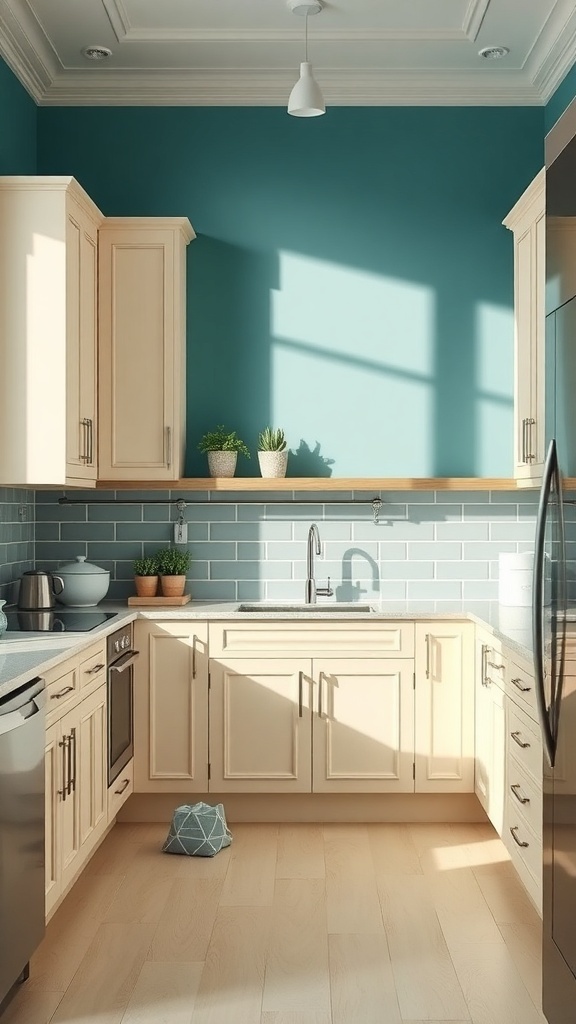 A kitchen featuring cool teal walls and cream cabinets, creating a stylish and inviting atmosphere.