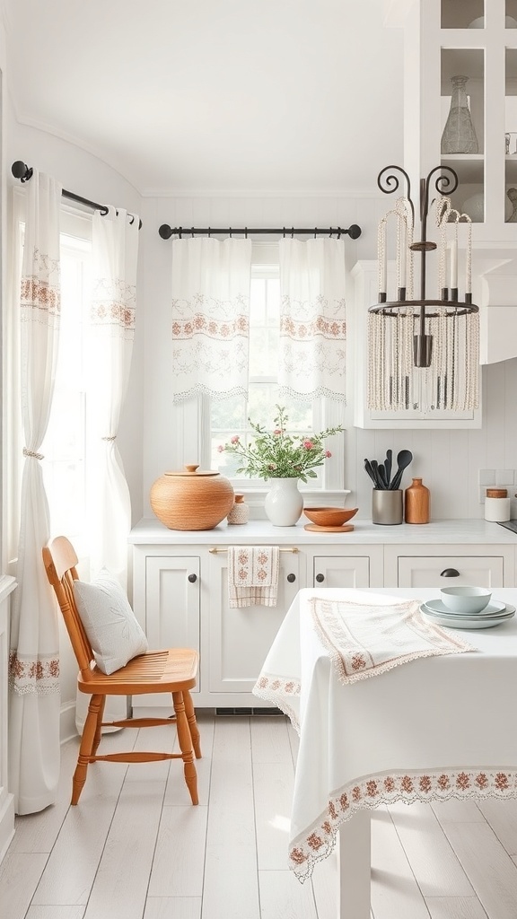 A bright white farmhouse kitchen featuring coordinated textiles including curtains and table linens.