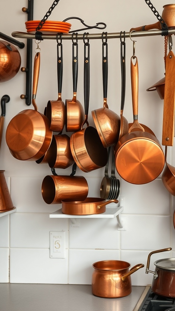 Display of copper cookware hanging in a kitchen