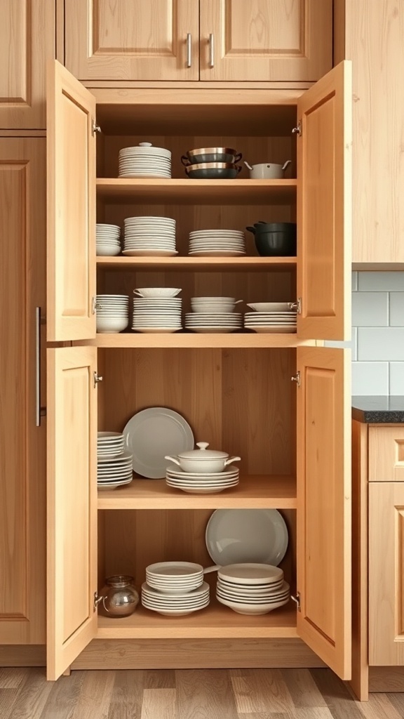 Corner kitchen cabinet with bi-fold doors showcasing neatly arranged plates and cookware.