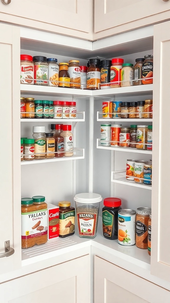 A corner cabinet featuring lazy Susans filled with various spice jars.