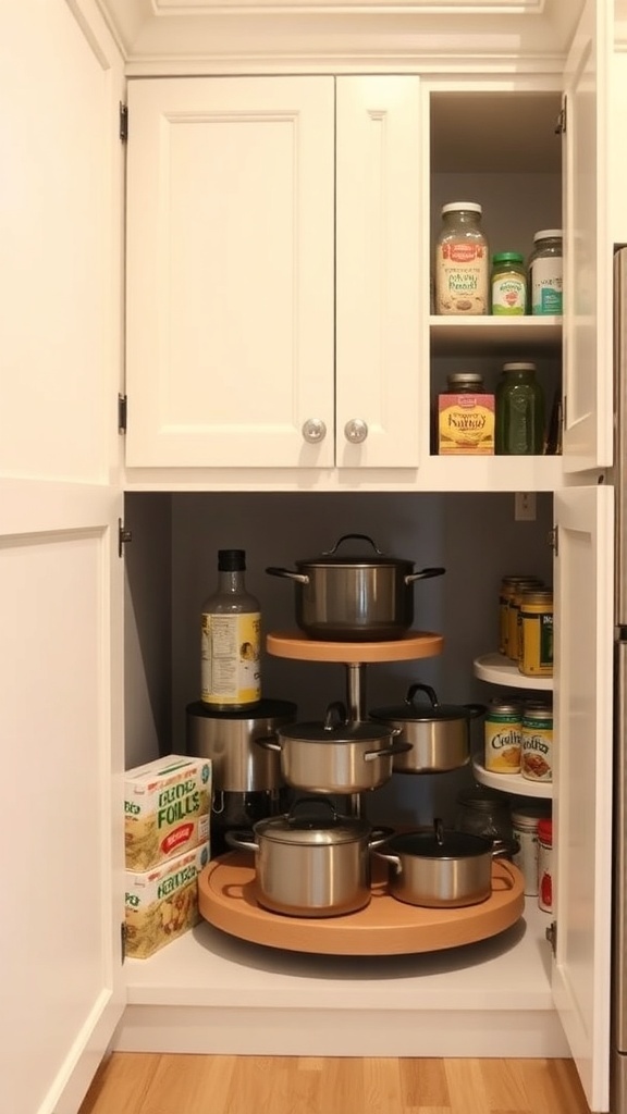A corner cabinet with a lazy Susan, showcasing pots and jars neatly organized.
