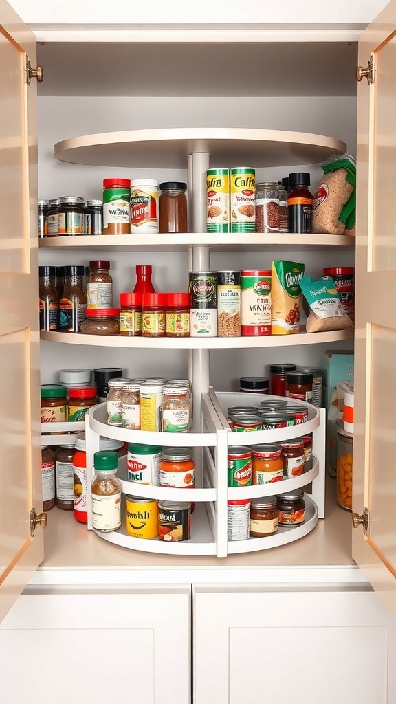 A corner cabinet with lazy Susans filled with various spices and jars.