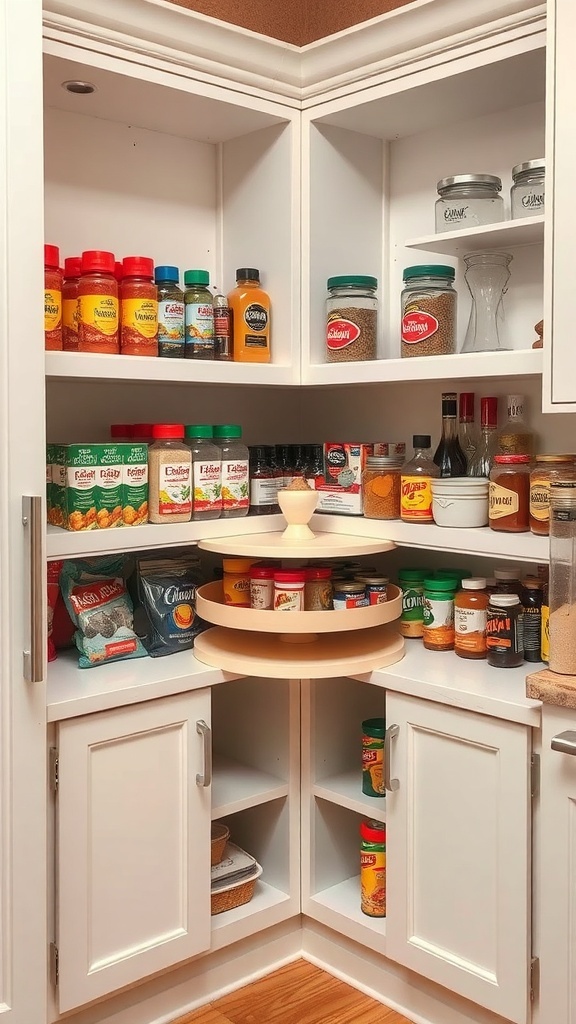 A corner cabinet featuring lazy Susans filled with various spices and condiments.