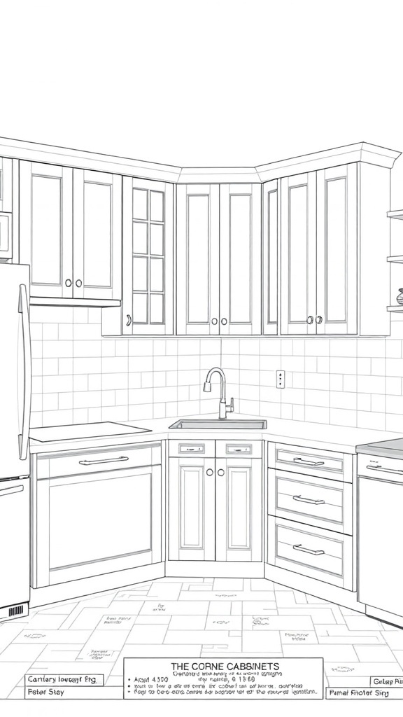 A layout design of a corner cupboard kitchen with cabinets and appliances.