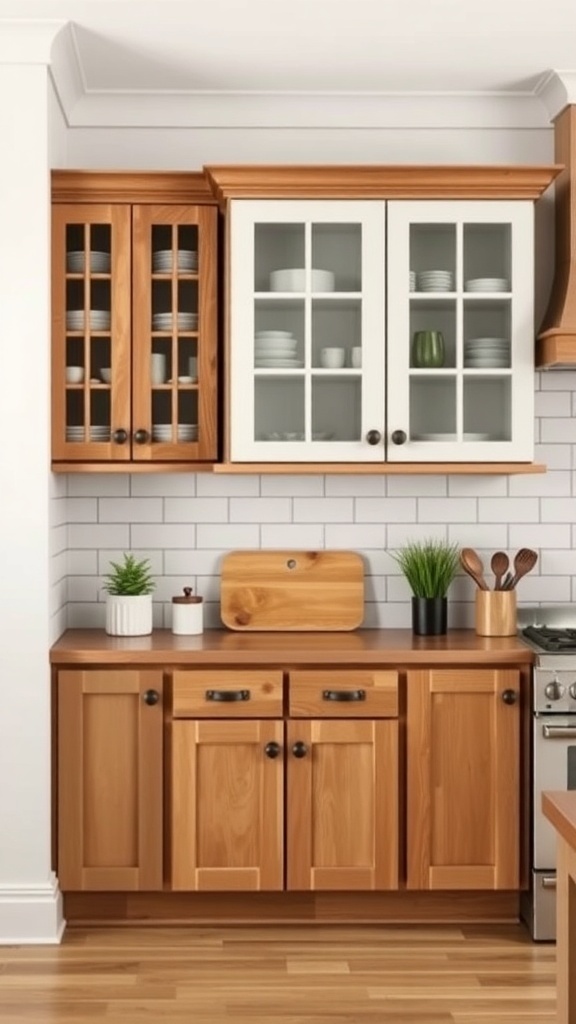 A stylish corner cupboard kitchen with wooden cabinets and glass doors.