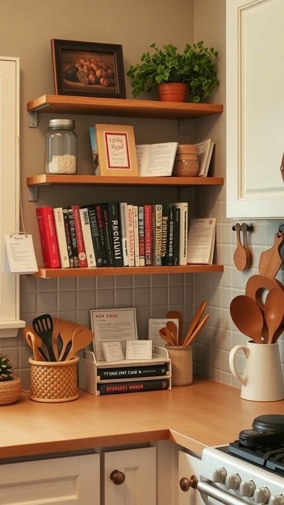 Corner shelves in a kitchen displaying cookbooks, recipes, and decorative items.