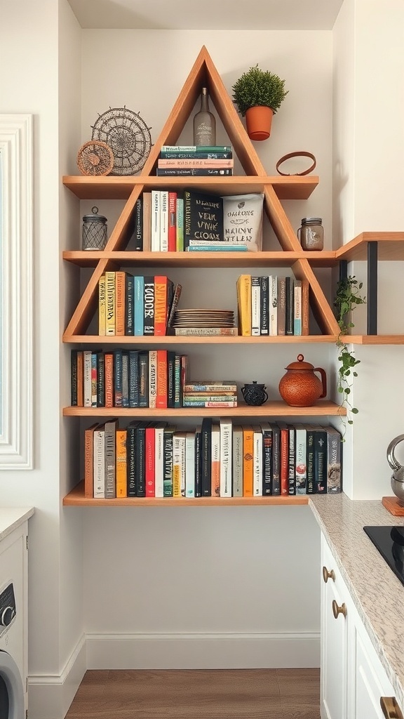 A stylish corner shelving unit filled with books and decorative items in a small kitchen.