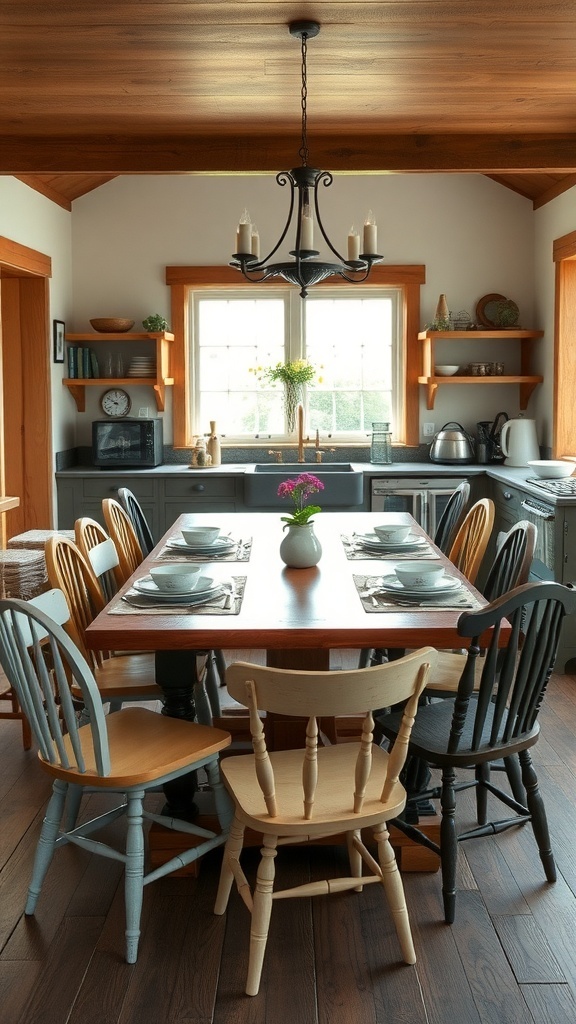 Country-style dining table with mismatched chairs in a cozy kitchen.