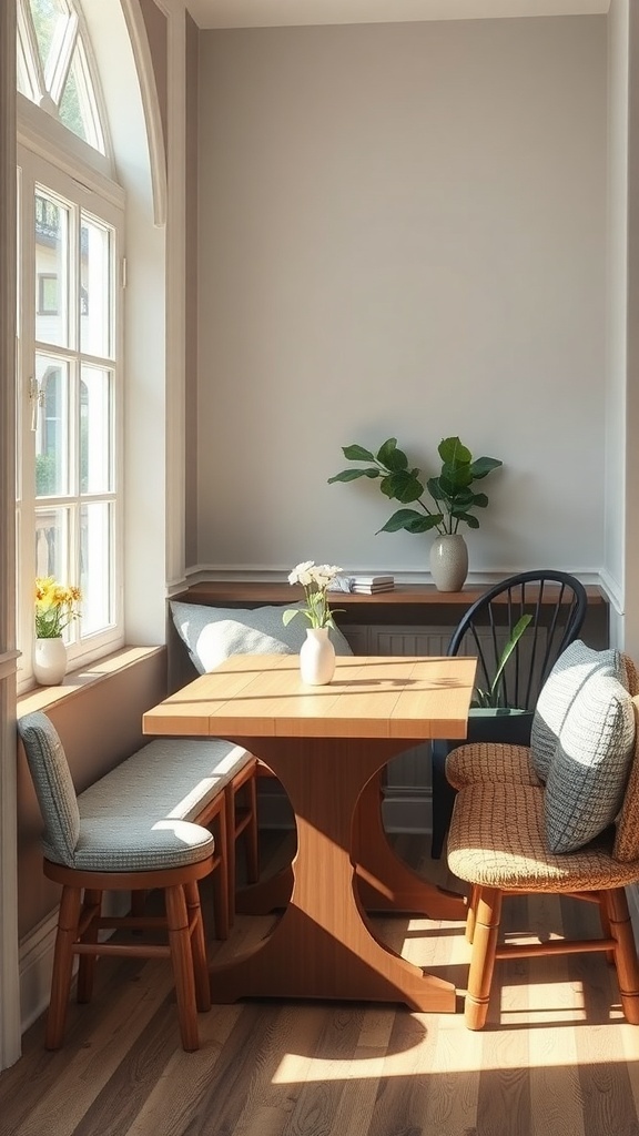 Cozy breakfast nook with a wooden table, chairs, and plants by the window.