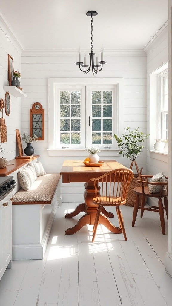 A cozy breakfast nook with a wooden table, chairs, and a cushioned bench, illuminated by natural light.