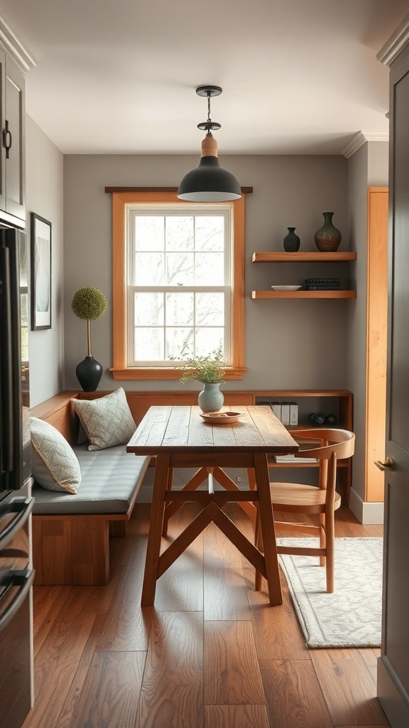 A cozy dining nook featuring a wooden table, comfortable seating, and decorative items.