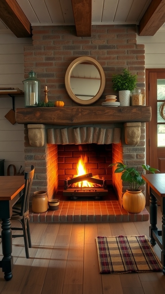 A cozy fireplace with a wooden mantel, surrounded by seating and warm decor.