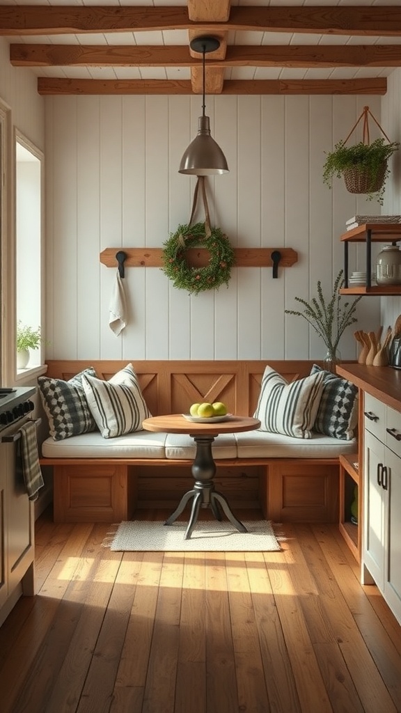 A cozy nook in a rustic farmhouse kitchen featuring a cushioned bench with striped pillows and a small round table.