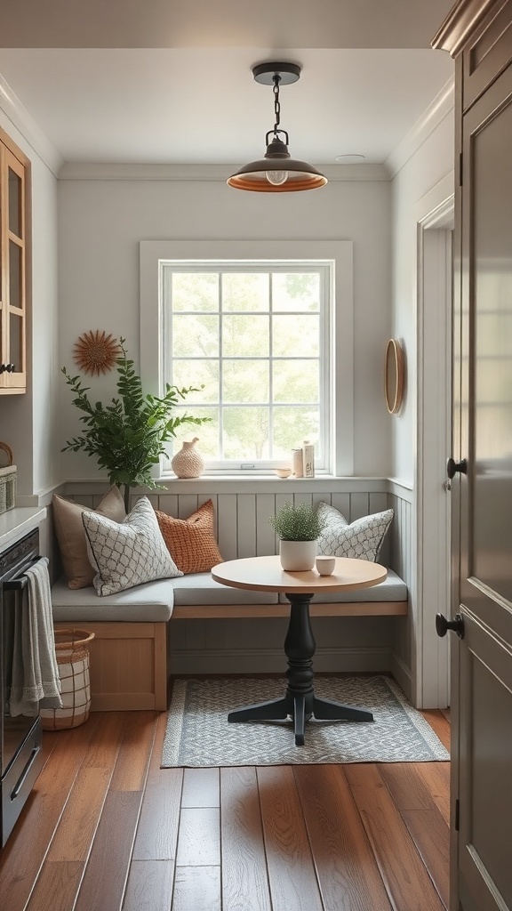A cozy kitchen nook featuring a cushioned bench, pillows, and a small round table by a window.