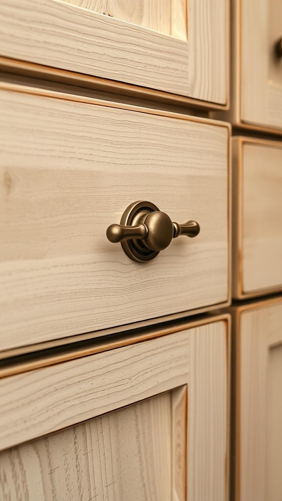 Close-up of a Craftsman-style kitchen drawer pull on light wooden cabinets.