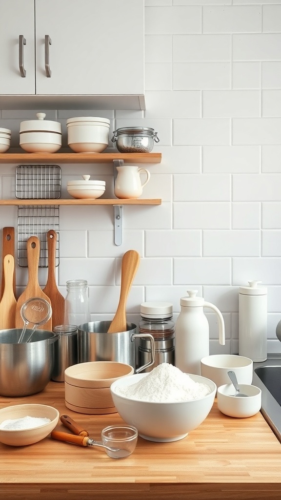A well-organized baking station with bowls, measuring tools, and ingredients on a wooden countertop.