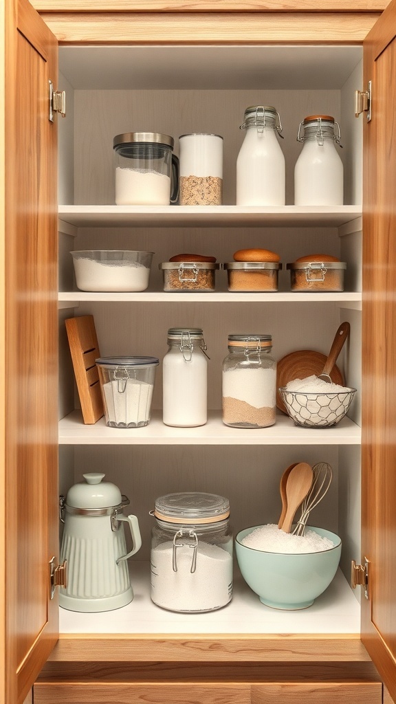 Organized kitchen cupboard with baking ingredients in clear containers.
