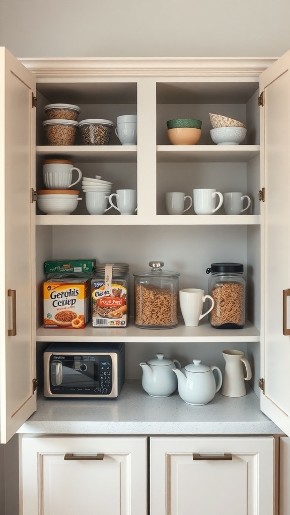 A neatly organized kitchen cabinet with breakfast items including cereals, bowls, and mugs.