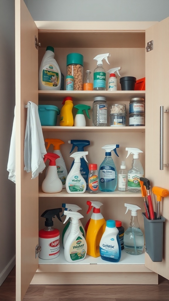A neatly organized kitchen cabinet filled with various cleaning supplies.
