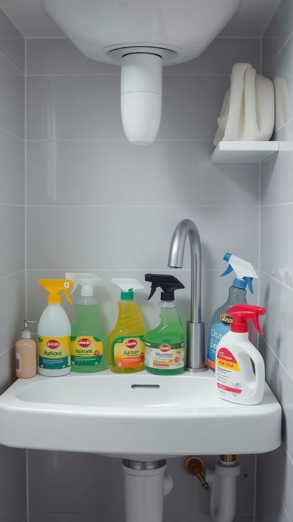 Under sink organization with various cleaning supplies neatly arranged