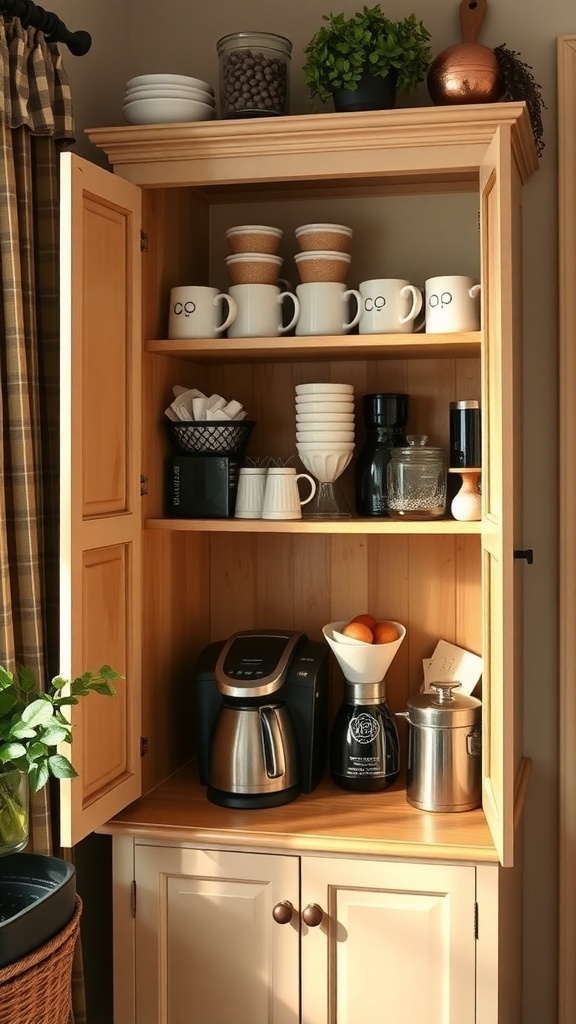Organized corner kitchen cabinet with coffee station, mugs, and decorative plants.