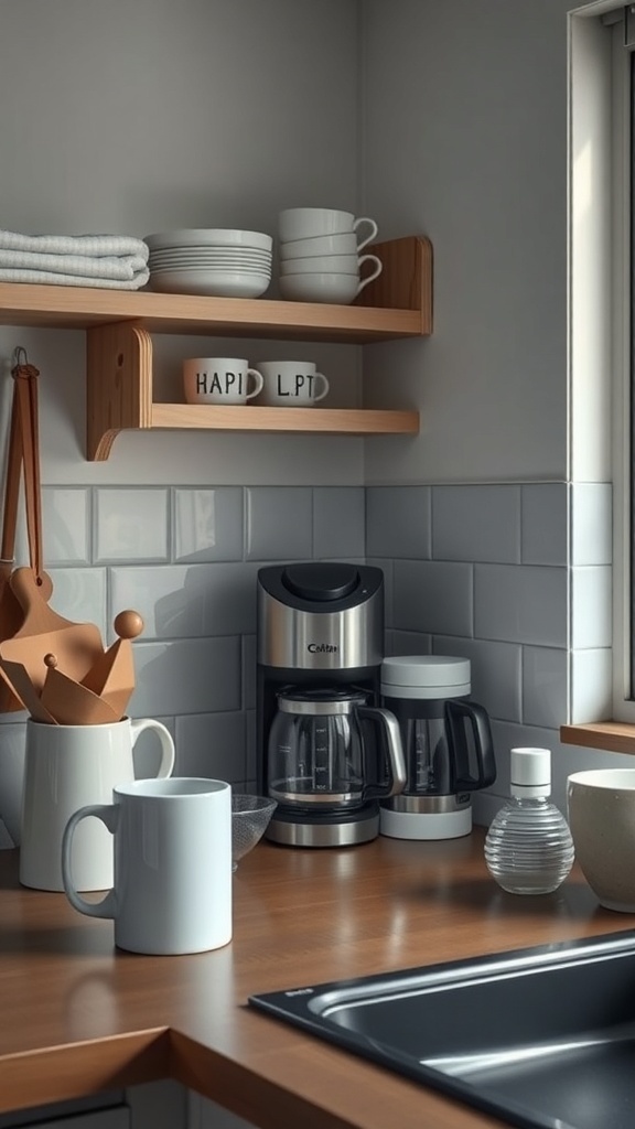 A cozy coffee station with a coffee maker, mugs, and kitchen supplies on a wooden countertop.