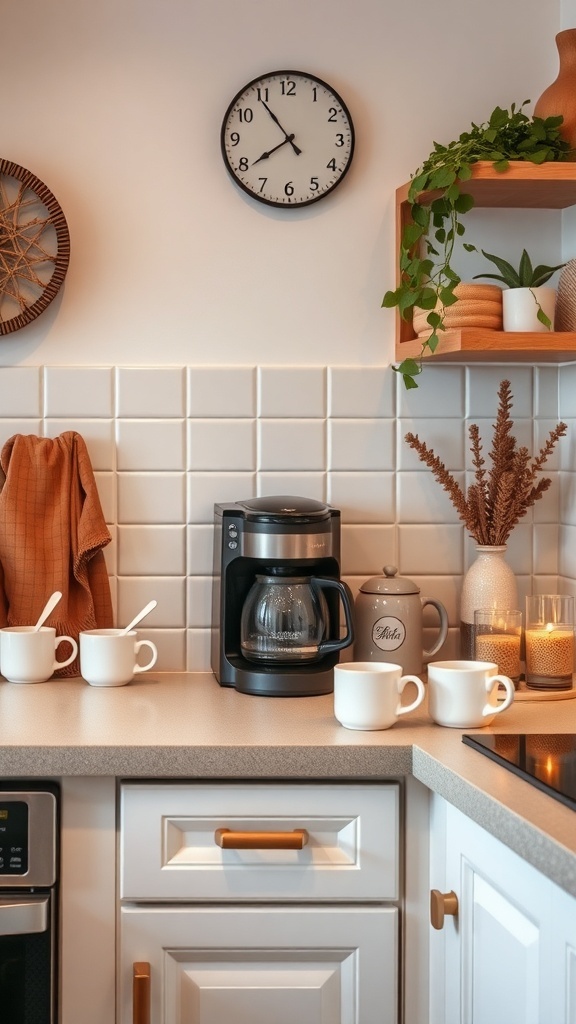 A stylish kitchen counter featuring a coffee maker, mugs, and decorative elements.