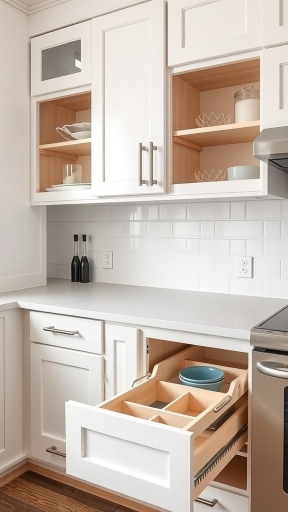 A modern kitchen with white cabinets and organized drawers.