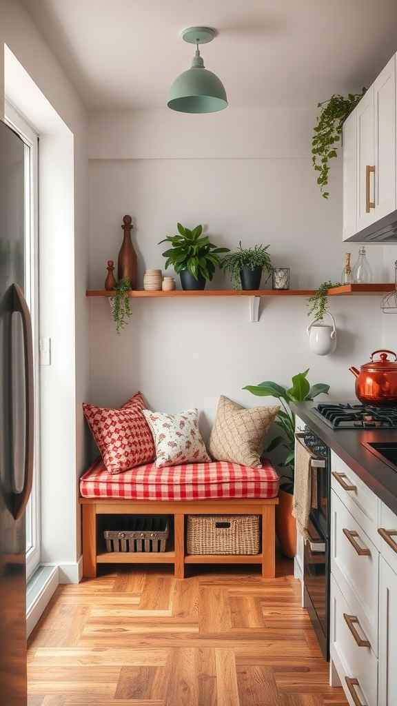 A cozy kitchen nook with a bench, cushions, and plants.