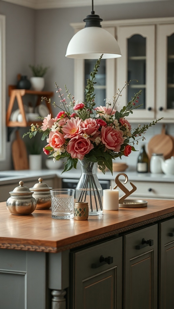 A kitchen counter featuring a floral centerpiece, decorative jars, and a candle.