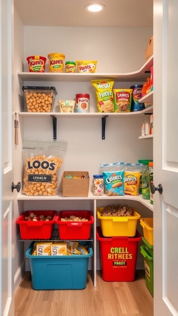 A well-organized corner kitchen pantry with colorful bins and snacks.