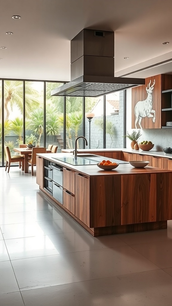 A modern open kitchen featuring a functional cooking island with wooden cabinetry and a spacious layout.