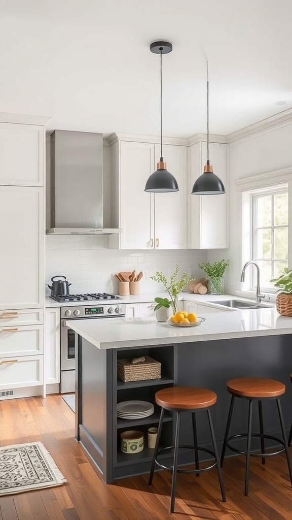 A modern kitchen with a functional island featuring storage and seating.