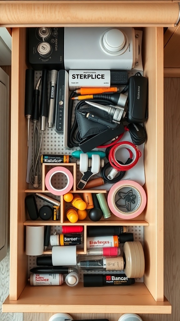 An organized kitchen drawer filled with various tools, tape, and small items.