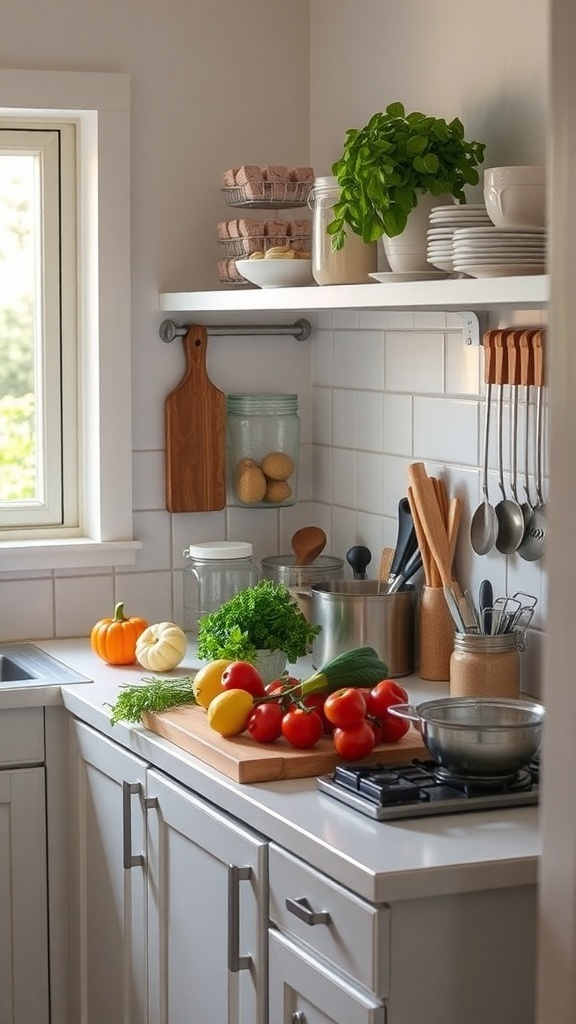 A well-organized small Indian kitchen with fresh vegetables, utensils, and a meal prep station.