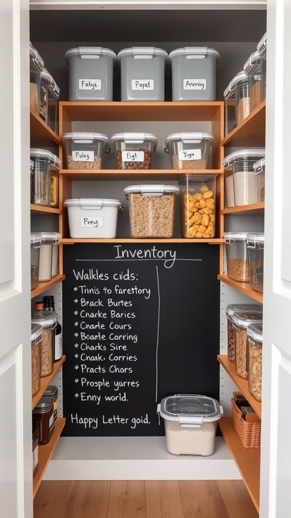 Organized pantry with labeled containers and a chalkboard inventory list.