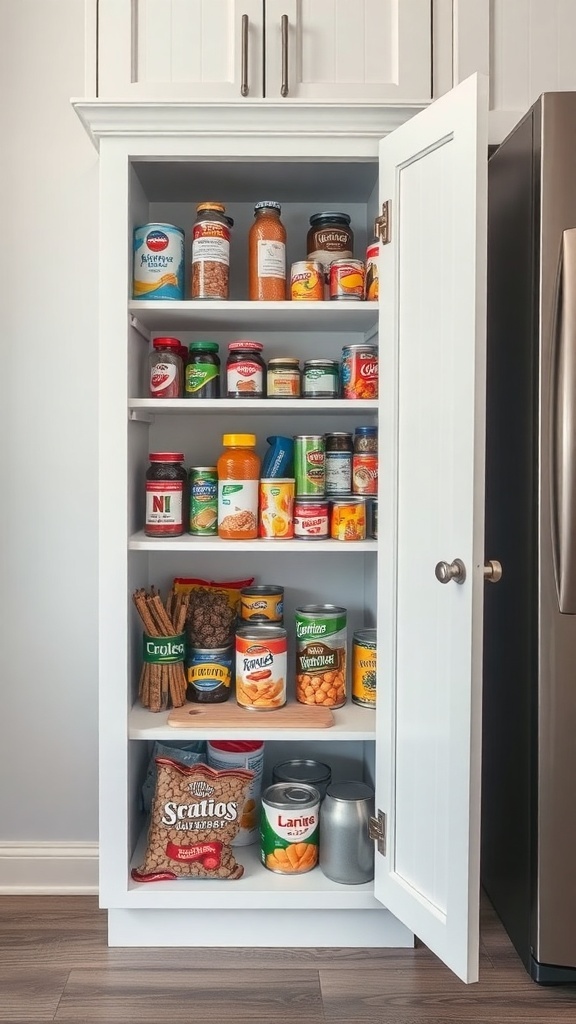 Organized kitchen cabinet with various canned goods and snacks.