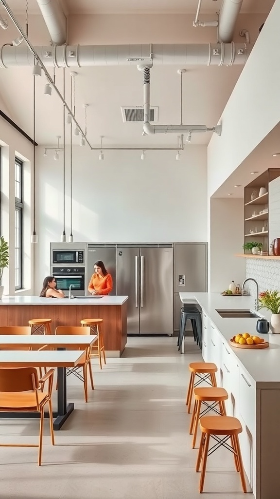 An open kitchen with two women chatting at the island and a dining table with orange chairs.