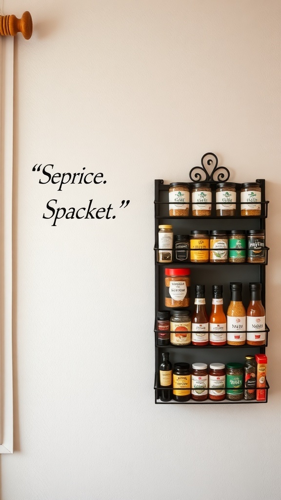 A spice rack with various jars and bottles neatly arranged on a wall.